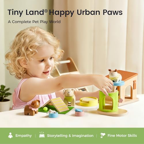 Tiny Land Wooden Dollhouse Animal Set for Toddlers, Dollhouse Accessories & Dolls House Furniture Sets for Toddlers, Monte...
