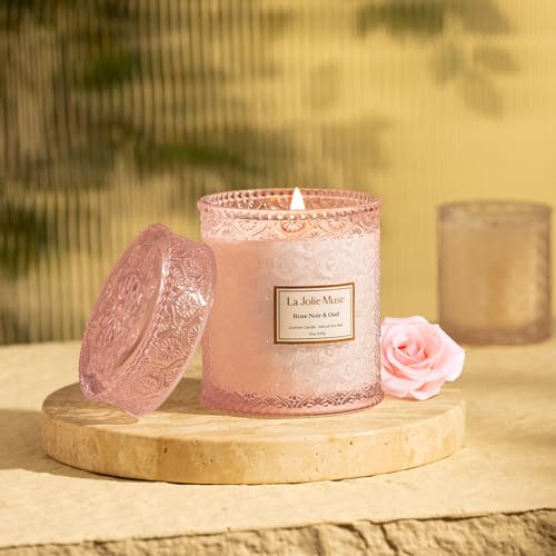 LA JOLIE MUSE Rose Noir & Oud Scented Candle – Lemon, Rose & Oud |19 oz Large Wooden Wick Candle | Natural Soy Wax | 90 Ho...
