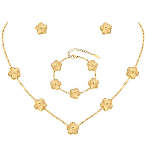 Gold Necklaces Bracelets Earring Set - 18K Gold Plated Flower Bracelet Chain,Stainless Steel Non Tarnish Floral Pendant St...