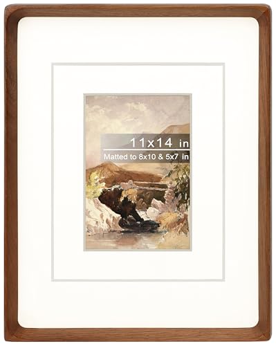 Gdfmsc 11x14 Picture Frame with Mat for 5x7/8x10, Natural Walnut Wood Handcrafted Rounded Corner with Real Glass, Vertical...