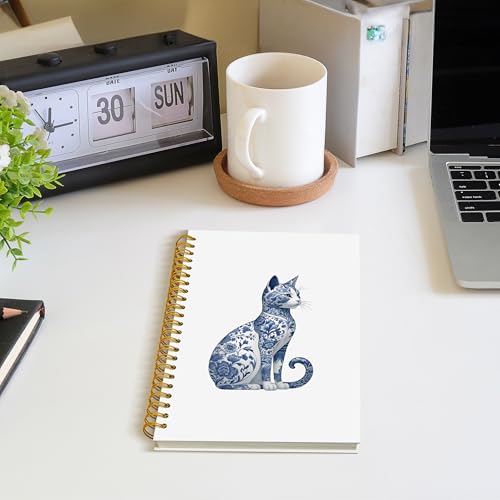 ROXMART Vintage Blue Chinoiserie Cat Spiral Notebook, Cat Lovers Mom Lady Gifts Journal, Blue and White Porcelain Floral K...