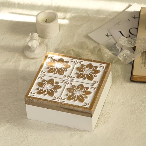 Synovana Floral Wooden Box - Decorative Wood Keepsake Boxes with Hinged Lid, Flower Engraved Design, 7.09" W