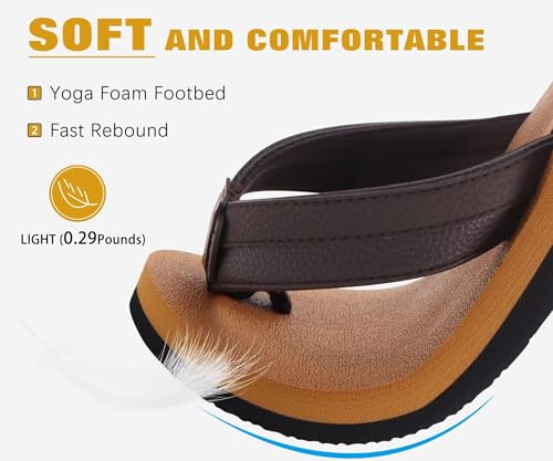 KuaiLu Men's Yoga Mat Leather Flip Flops with Arch Support Comfortable Cushion Walking Thong Sandals Slip On Indoor Outdoor