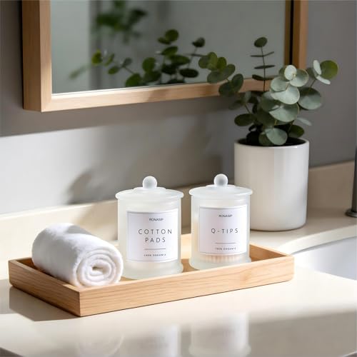 Ronasip Qtip Holder & Cotton Pad Dispenser, Bathroom Organizer and Storage Canisters, 16oz Glass Apothecary Jars for Kitch...