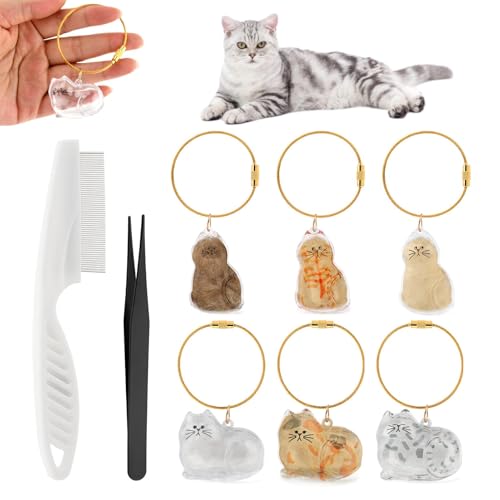 6Pcs Cat Hair Keepsake Keychain, Transparent Creative Pet Fur Keepsake Keychain with Cat Hairs Comb & Tweezers Tool, Anima...