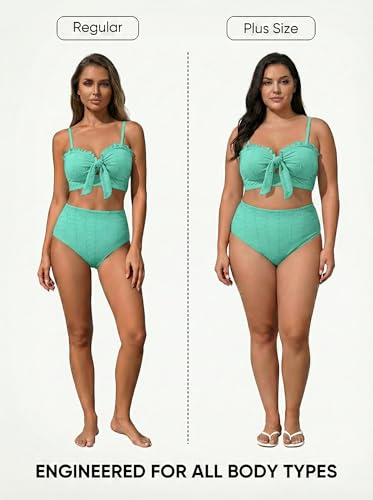 Herseas Women's Seashell Textured Bikini Sets Knotted Front 2 Piece Swimsuits Ruffle Trim Bathing Suits