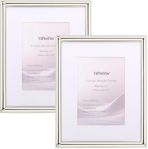 YiPinYin Classy Silver Plated 8x10''Photo Frame 2 pack,Classic Beaded Frame 8x10'' Mat 5x7'',Real Glass Front and Velvet B...