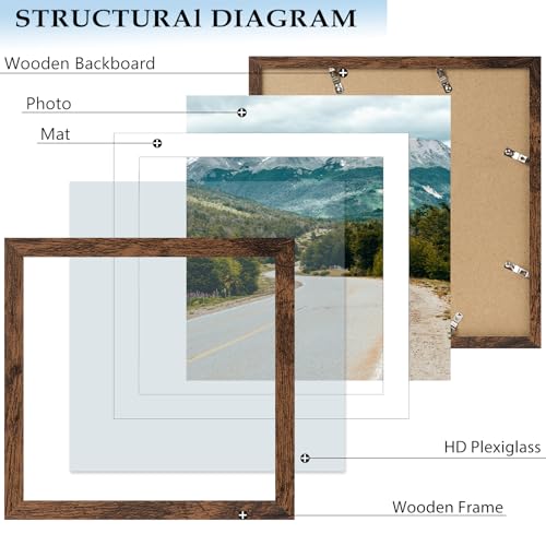 QOTIB Wood 10x10 Picture Frame with 8x8 Mat Deep Brown, Display 8x8 with Mat or 10x10 Without Mat, Wood 10 by 10 Photo Fra...