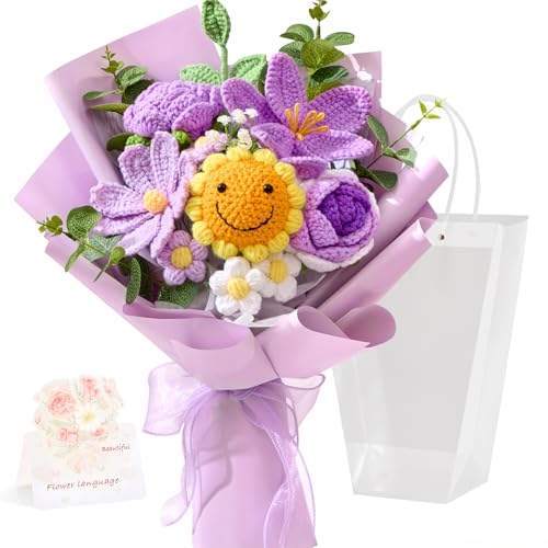 Faylifeway Crochet Flower Bouquet, Handmade Knitted Flowers,Purple Crochet Sunflower Bouquet for Lover Birthday, Anniversa...