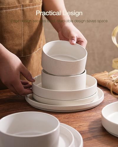 Famiware Star Dinnerware Sets, Plates and Bowls Set for 4, 12 Pieces Ribbed Dishes - Chip and Scratch Resistant, Microwave...