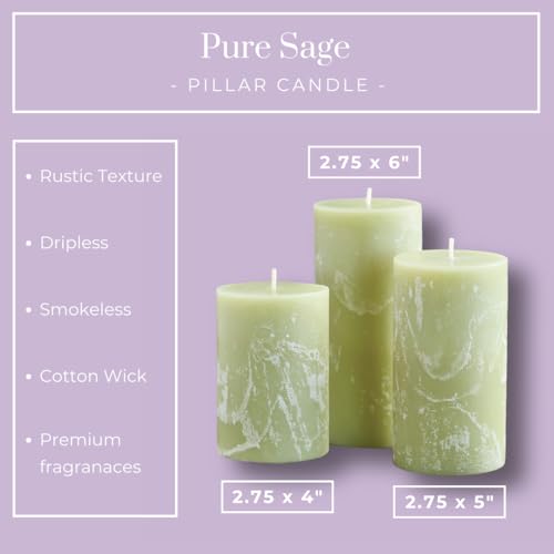 Becky Home Green Scented Pillar Candles Set of 3, 3x4, 3x5, 3x6 Green Candles, Sage Pilar Scented Candle, Ideal as Weddin...