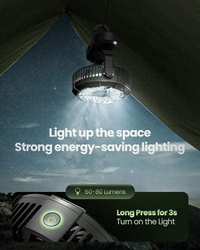Gaiatop Portable Camping Fan with LED Lantern, Power Display 360° Head Rotation, Hanging Hook for Tent, 3 Speed Quiet Rech...