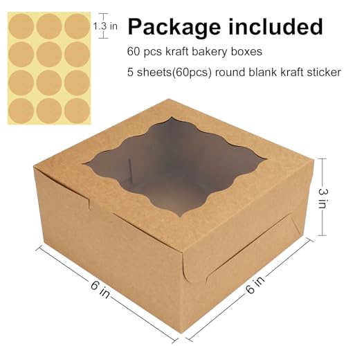 HawHawToys 60 pcs Bakery Boxes with Window, 6 x 6 x 3 inches, Kraft Cookie Boxes Pastry Boxes for Baked Goods (Brown)