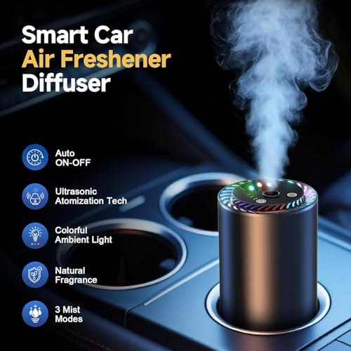 Smart Car Air Freshener with Star Light & 150ml Diffusers Oil Refills, Auto On/Off Aroma Diffuser, 3 Adjustable Modes Rech...