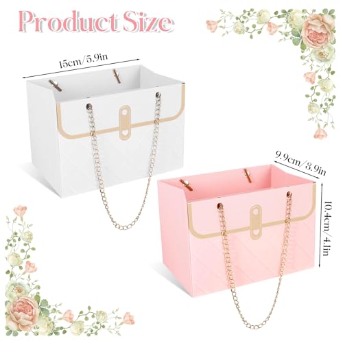 4 Pcs Flower Paper Gift Box Bouquet Storage Bucket, Flower Boxes Wedding Florist Handbag with Metal Chain, Floral Craft Wr...