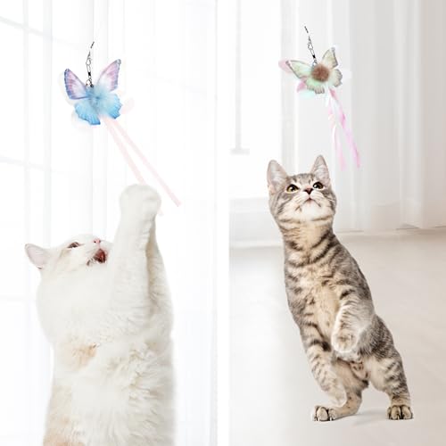 SONGWAY Cat Butterfly Toys Wand - 7 Pieces Cat Toy Set, Retractable Cat Wand with 6 Butterfly Cat Toys Replacement with Be...