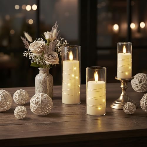 Raycare Flameless Candle with Remote Timer, 3 Flickering Acrylic Battery Operated LED Pillar Candles with Embedded Star St...