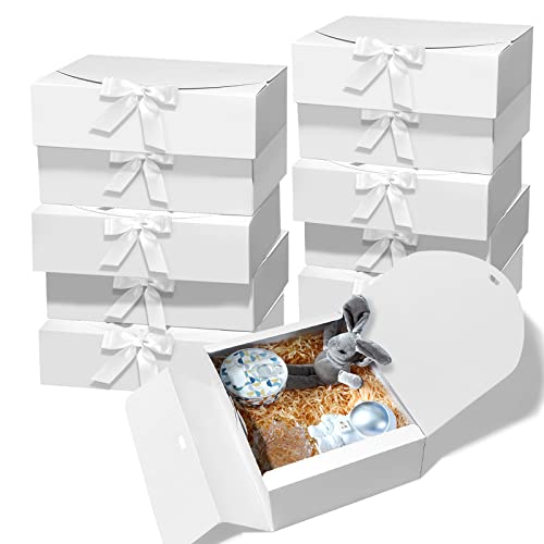 BoShahai 10 PCS Gift Boxes with Lids, 10.6x7.8x3.1 Inch Kraft Paper Gift Box, White with Ribbon, Bridesmaid Proposal Box f...