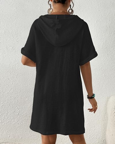 Bsubseach Womens Swimsuit Cover Up Shirt Button Down Short Sleeve Bathingsuit Coverups Hooded Beach Coverup With Pockets