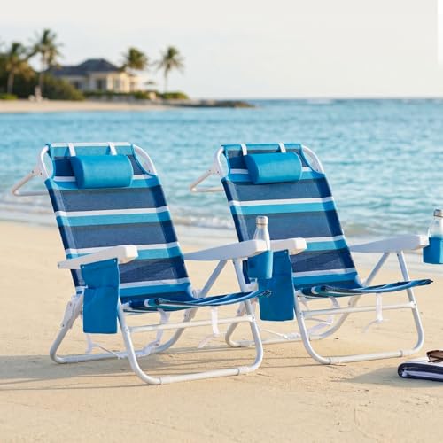 WTVIDAS Beach Chair 2 Pack, 5 Positions Textilene Folding Reclining Beach Chair with Backpack Straps, Cooler Bag & Cup Hol...