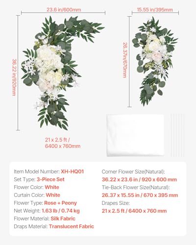 VEVOR Artificial Wedding Arch Flowers Kit, White Wedding Arch Flowers with Drapes Kit (Pack of 3) - 2 Pcs Floral Arrangeme...