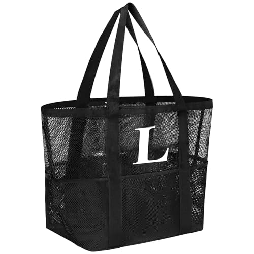 wanchel Personalized Mesh Beach Bag for Women - Waterproof Initial Tote Bag for Family Travel, Toys, Vacation Essentials