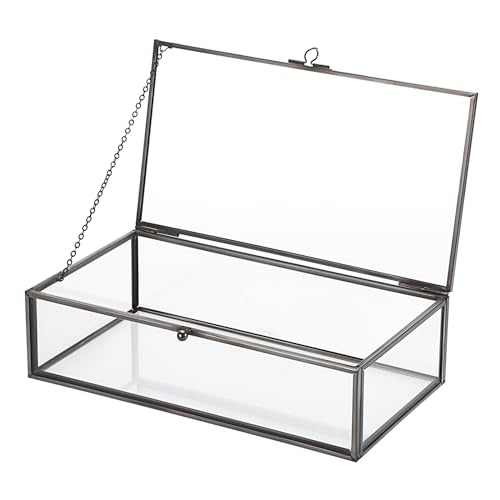 Hipiwe Glass Keepsakes Display Box with Lid - Decorative Black Glass Box Clear Rectangle Storage for Trinket Perfume Cards...