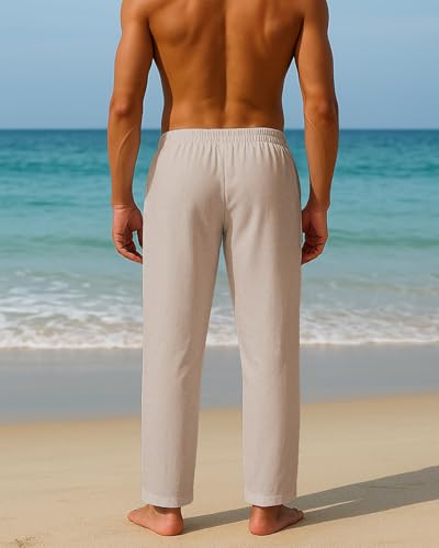 BUXKR Men's Linen Pants Beach Casual Cotton Summer Lightweight Elastic Waist Drawstring with Deep Pockets