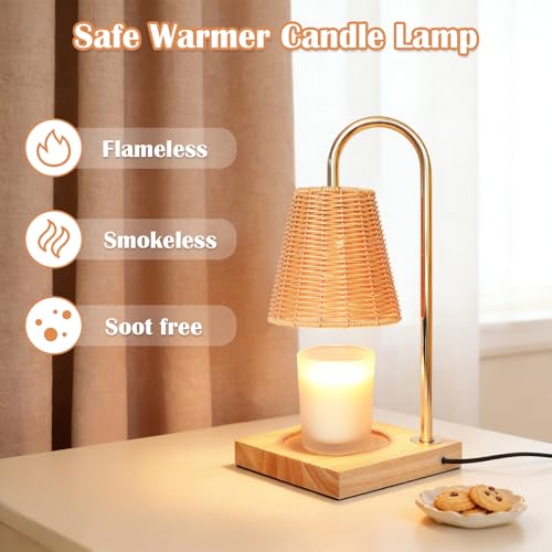 Immeiscent Candle Warmer Lamp with Timer Dimmable Boho Rattan Lampshade Natural Weaving Wax Warmer for Jar Candles Mothers...