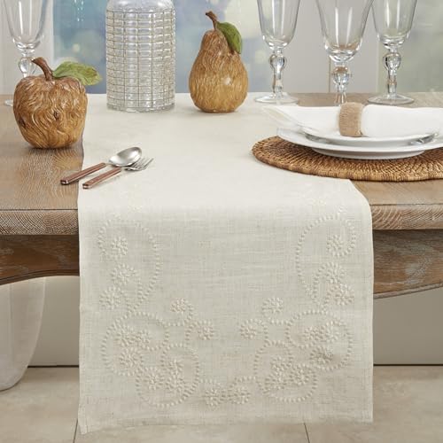 SARO LIFESTYLE 001.N1654B Augustina Collection Embroidered Swirl Design Linen Blend Table Runner, 16" x 54", Natural