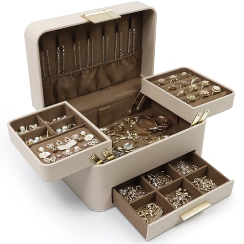KAMIER Jewelry Box, 3 Layers Jewelry Organizer with Drawers, PU Leather Jewelry Storage Organizer for Earring, Ring, Neckl...