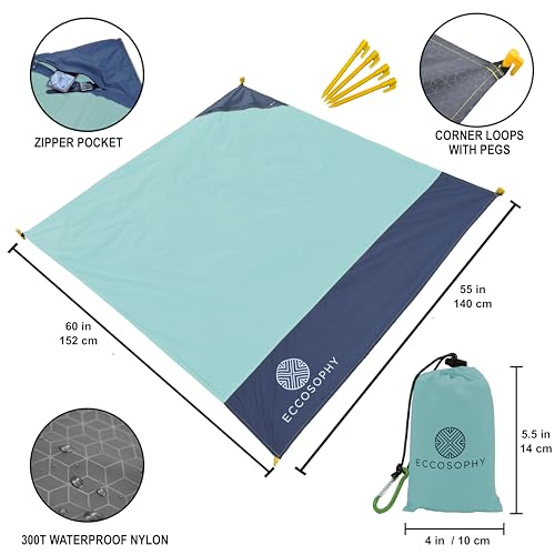 ECCOSOPHY Sand Proof Beach Blanket - Waterproof Picnic Blanket 60x55 Outdoor Compact Pocket Blanket Lightweight Ground Cov...