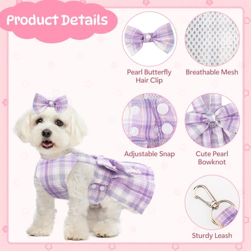 Plaid Dog Dresses for Small Dogs Girl Bowknot Harness Leash Set, Cute Small Dog Dress Harness Dogs Cat Clothes Female with...