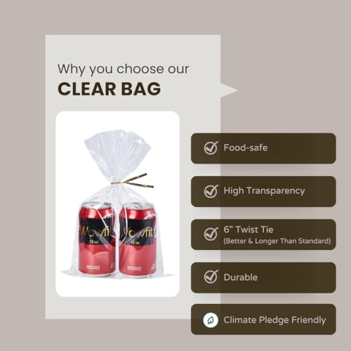 Wowfit 50 CT 8x12 Inch Clear Flat Cellophane Treat Bags with 6” Gold Twist Ties, Cello Packaging for Mugs, Dessert, Muffin...