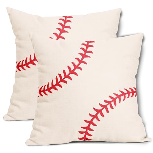 Vrysenium Baseball Pillow Covers 18x18 Inch Set of 2 Sport Themed Cotton Linen Decorative Throw Pillow Case Ball Stitches ...