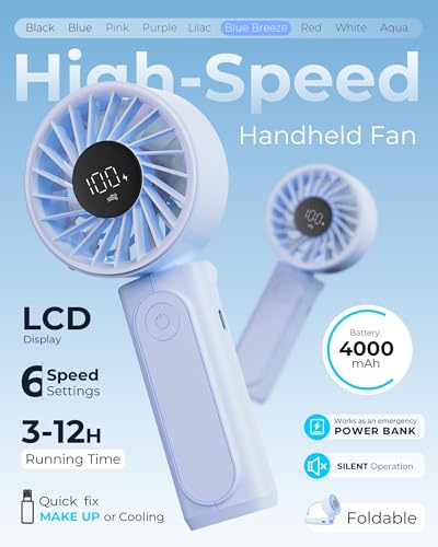 Peiyuu Portable Fan, 4000mAh Rechargeable, 180° Foldable Mini Desk Fan with 6 Wind Speed, LCD Digital Display, Lanyard as ...