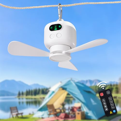 DIGLED Battery Operated Ceiling Fan: 11" Portable Camping RV Tent Fan with Lights - Outdoor Hanging Rechargeable 8000mAh -...