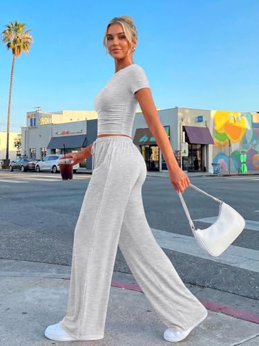 Trendy Queen 2 Piece Matching Summer Sweatsuit Lounge Set Womens Wide Leg Pants Side Ruching Crop Top Sets