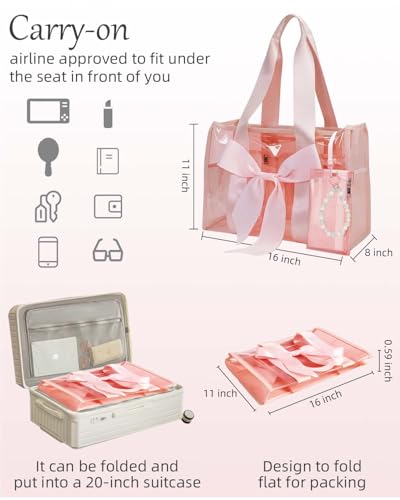URZCT Jelly Tote Bag,Beach Tote Bag for Women,Pink Beach Bag with Bow,Large Waterproof Zipper Bag