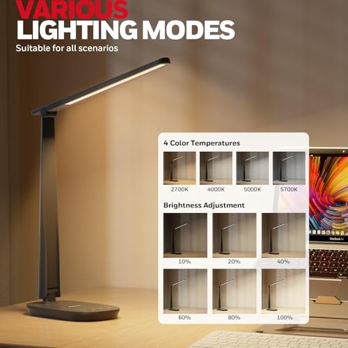 Honeywell HWT-H2 LED Desk Lamp, CRI94 Full Spectrum Eye-Caring Table Light, Foldable Dimmable 4 Color Modes with USB A+C C...