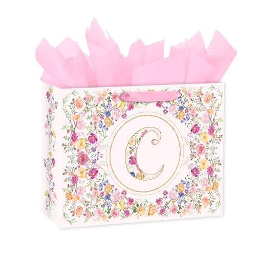 Loveinside 13" Large Floral Monogram Letter C Gift Bag, Personalized Alphabet Flower Initial Gift Bag with Tissue Paper fo...