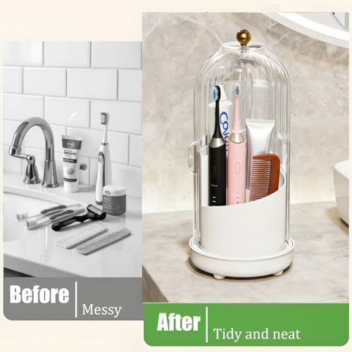 JEESA Toothbrush Holder Organizer, with Drainage Holes, with Dustproof Cover, 360 Rotating, 3 Slots, for Bathroom Countert...