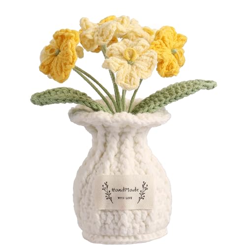 YOOJEE Forget-Me-Not Crochet Flower Potted Plant – Handmade Desk Decor, 7 Bloom Crochet Flowers in Soft Yellow Tones