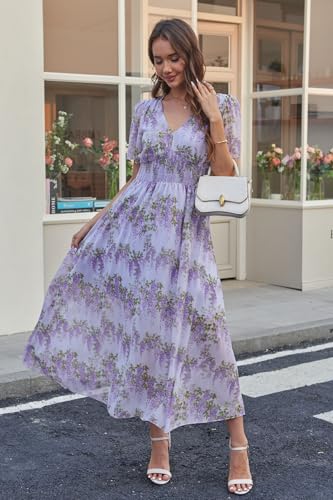 Women's Floral Maxi Dress Flowy V Neck Empire Waist Summer Wedding Guest Party Casual Chiffon Dress