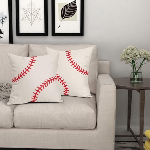 Vrysenium Baseball Pillow Covers 18x18 Inch Set of 2 Sport Themed Cotton Linen Decorative Throw Pillow Case Ball Stitches ...