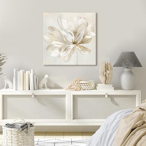 SEVEN WALL ARTS White Flower Wall Art Beige and Gold Blooming Flower Abstract Floral Artwork Print Poster for Living Room ...