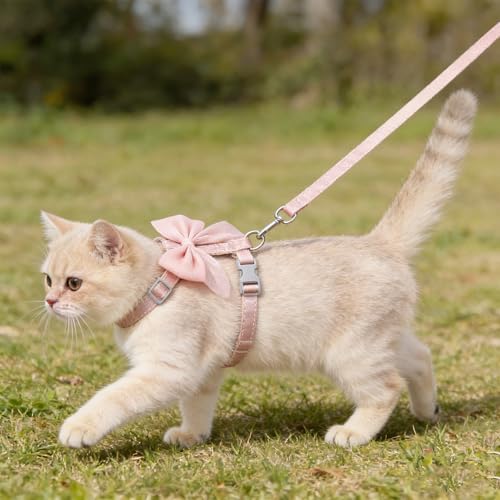 Tensho Pink Bow Cat Harness and Leash Set Escape Proof, Adjustable Kitten Harness with Leash, Bow Tie Cat Harness for Walk...