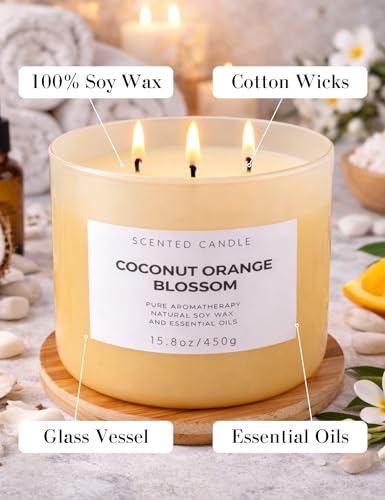 Coconut Orange Blossom Scented Candle - Large 3-Wick Aromatherapy Soy Candle, 15.8 oz - Highly Scented, Clean Burning, Lon...