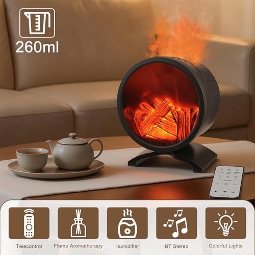 Fireplace Flame Oil Diffuser with Speaker & 260mL Fire Oil Diffuser,Essential Oil Diffuser 5 Color Fire Aroma Diffuser Aro...