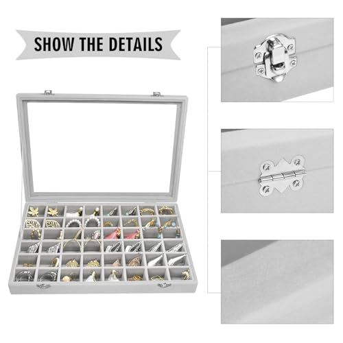 Siveit Velvet Jewelry Tray 48 Grid Jewelry Display Tray Organizer Box with Transparent Lid Rings Earrings Necklaces Pendan...
